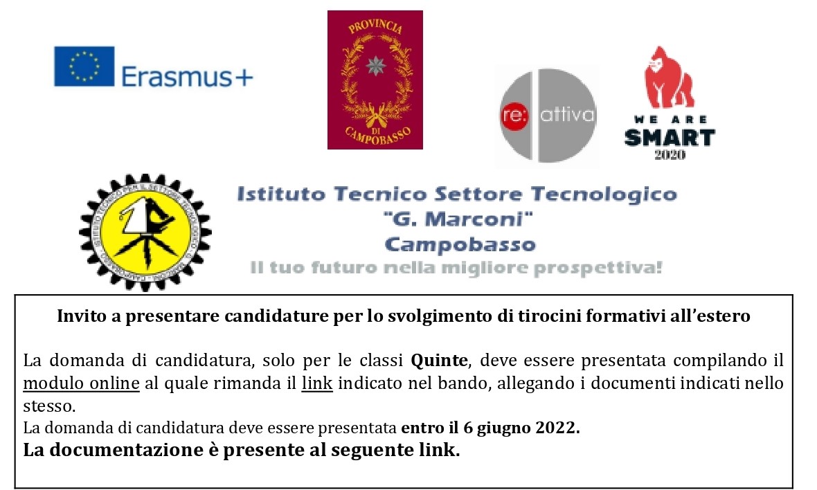 Avviso Bando Erasmus WE ARE SMART classi Quinte 2022 Sito